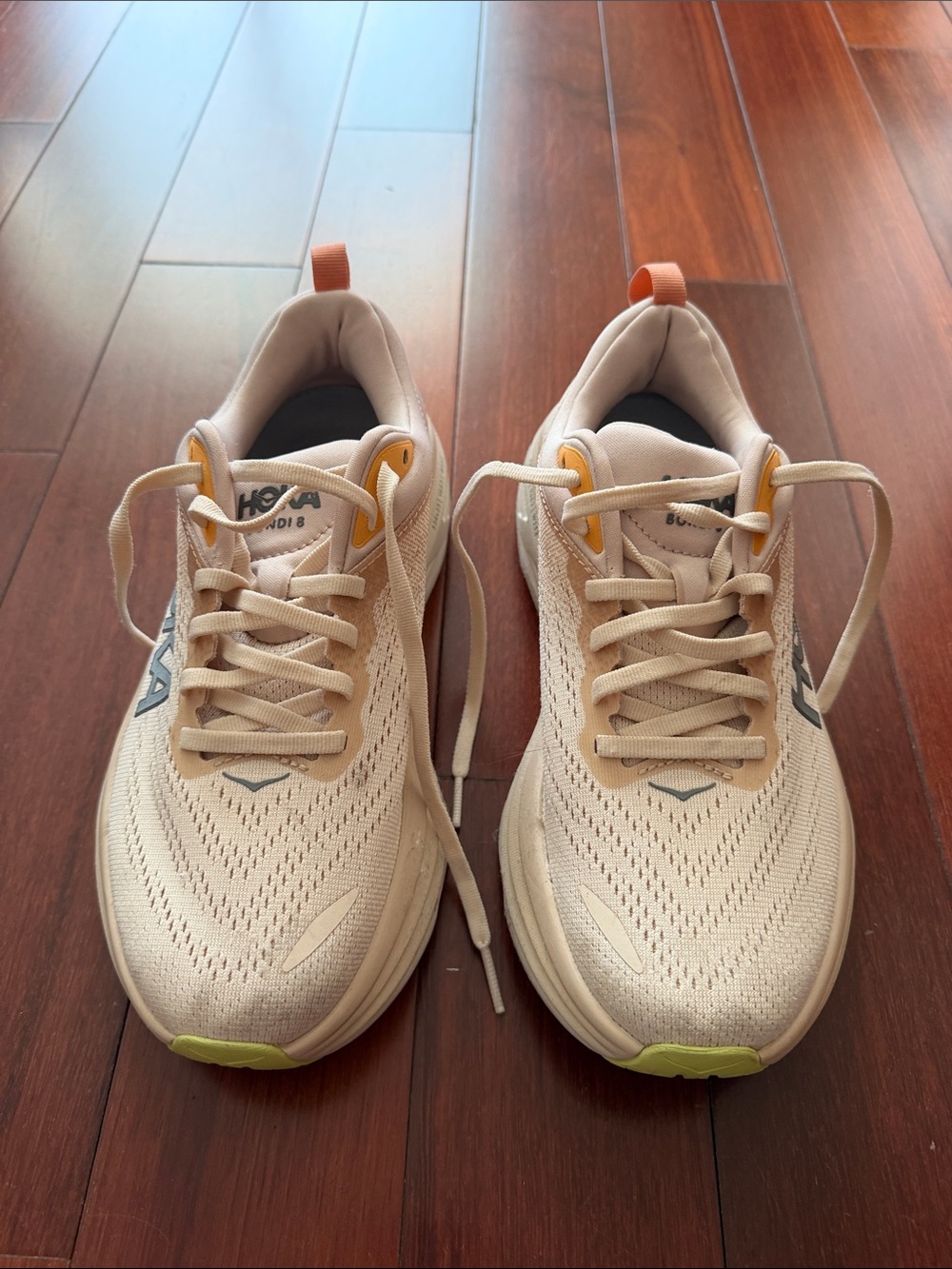Hoka Kids Beige Sneakers with Orange and Lime Accents